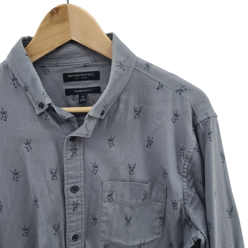 BANANA REPUBLIC Luxe Flannel Untucked Slim Fit Deer Stag Gray Button Down Shirt